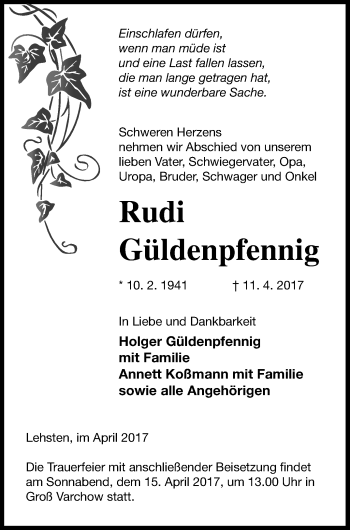 Traueranzeige von Rudi Güldenpfennig von Müritz-Zeitung