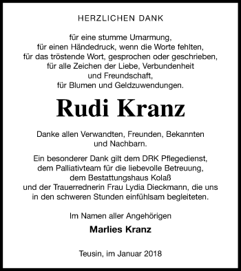 Traueranzeige von Rudi Kranz von Demminer Zeitung