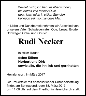 Traueranzeige von Rudi Necker von Haff-Zeitung