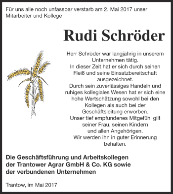 Traueranzeige von Rudi Schröder von Vorpommern Kurier