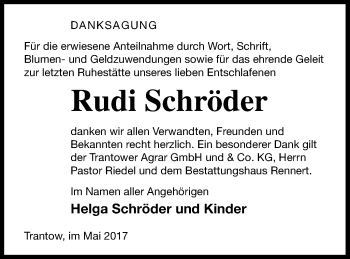 Traueranzeige von Rudi Schröder von Vorpommern Kurier