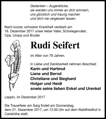 Traueranzeige von Rudi Seifert von Neubrandenburger Zeitung