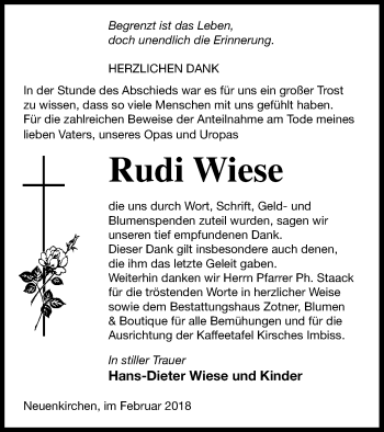 Traueranzeige von Rudi Wiese von Vorpommern Kurier