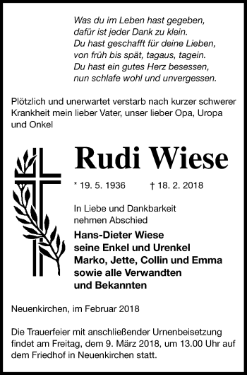 Traueranzeige von Rudi Wiese von Vorpommern Kurier