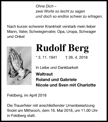 Traueranzeige von Rudolf Berg von Strelitzer Zeitung