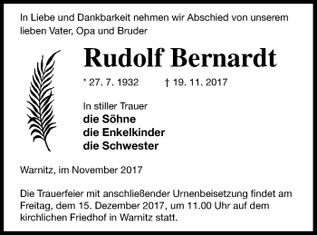 Traueranzeige von Rudolf Bernardt von Prenzlauer Zeitung