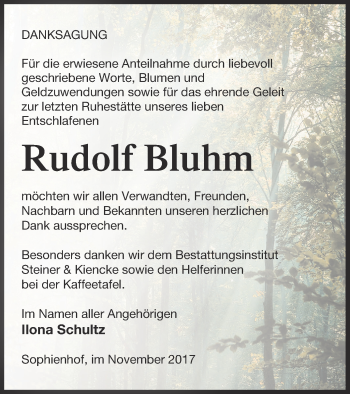 Traueranzeige von Rudolf Bluhm von Vorpommern Kurier