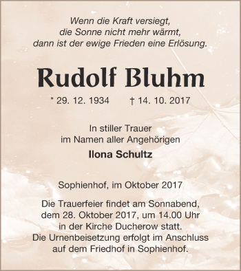 Traueranzeige von Rudolf Bluhm von Haff-Zeitung