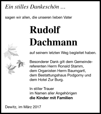 Traueranzeige von Rudolf Dachmann von Neubrandenburger Zeitung