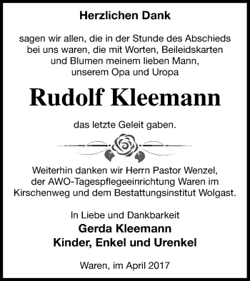 Traueranzeige von Rudolf Kleemann von Müritz-Zeitung