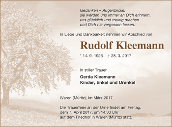 Traueranzeige von Rudolf Kleemann von Demminer Zeitung