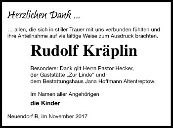 Traueranzeige von Rudolf Kräplin von Vorpommern Kurier