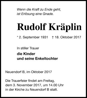 Traueranzeige von Rudolf Kräplin von Vorpommern Kurier