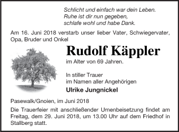 Traueranzeige von Rudolf Käppler von Mecklenburger Schweiz