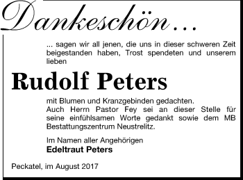 Traueranzeige von Rudolf Peters von Strelitzer Zeitung