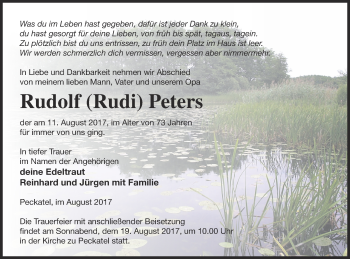 Traueranzeige von Rudolf Peters von Strelitzer Zeitung