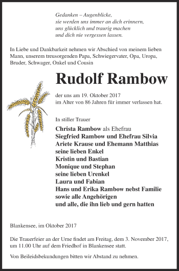 Traueranzeige von Rudolf Rambow von Pasewalker Zeitung