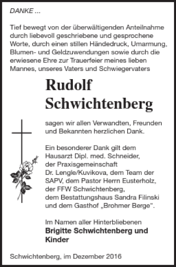 Traueranzeige von Rudolf Schwichtenberg von Neubrandenburger Zeitung