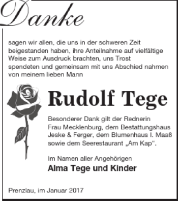 Traueranzeige von Rudolf Tege von Prenzlauer Zeitung