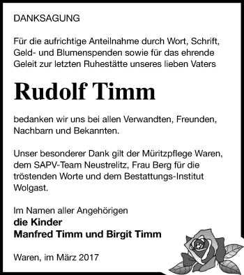 Traueranzeige von Rudolf Timm von Müritz-Zeitung