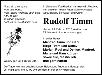 Traueranzeige von Rudolf Timm von Müritz-Zeitung