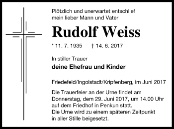 Traueranzeige von Rudolf Weiss von Pasewalker Zeitung