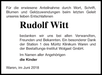 Traueranzeige von Rudolf Witt von Müritz-Zeitung