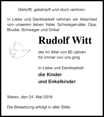 Traueranzeige von Rudolf Witt von Müritz-Zeitung