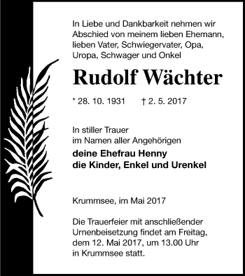 Traueranzeige von Rudolf Wächter von Mecklenburger Schweiz