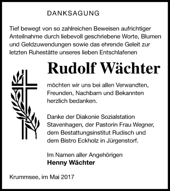 Traueranzeige von Rudolf Wächter von Mecklenburger Schweiz