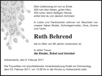 Traueranzeige von Ruth Behrend von Strelitzer Zeitung