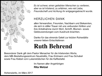 Traueranzeige von Ruth Behrend von Strelitzer Zeitung