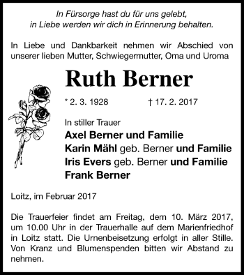 Traueranzeige von Ruth Berner von Vorpommern Kurier