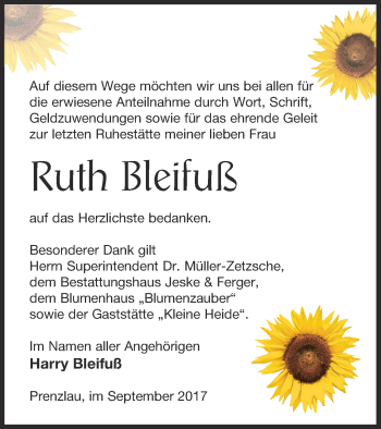 Traueranzeige von Ruth Bleifuß von Prenzlauer Zeitung