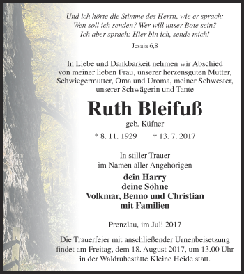 Traueranzeige von Ruth Bleifuß von Prenzlauer Zeitung