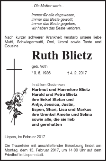 Traueranzeige von Ruth Blietz von Vorpommern Kurier