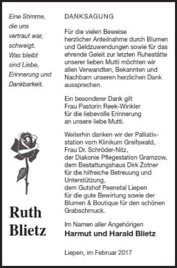 Traueranzeige von Ruth Blietz von Vorpommern Kurier