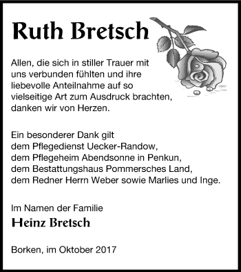 Traueranzeige von Ruth Bretsch von Pasewalker Zeitung