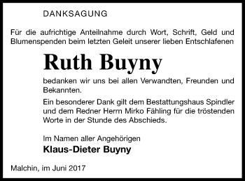 Traueranzeige von Ruth Buyny von Mecklenburger Schweiz
