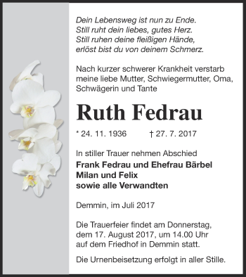 Traueranzeige von Ruth Fedrau von Demminer Zeitung