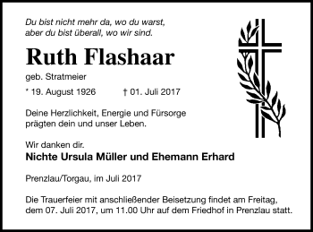 Traueranzeige von Ruth Flashaar von Prenzlauer Zeitung