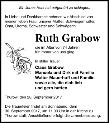 Traueranzeige von Ruth Grabow von Strelitzer Zeitung