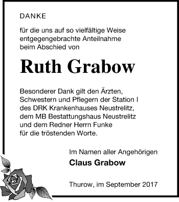 Traueranzeige von Ruth Grabow von Strelitzer Zeitung