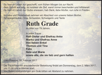 Traueranzeige von Ruth Grade von Vorpommern Kurier