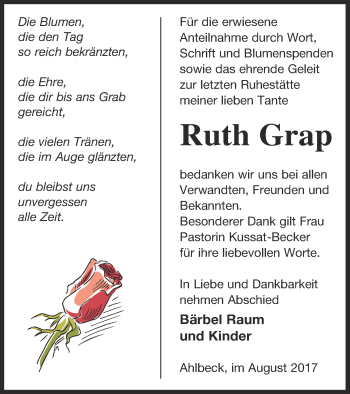 Traueranzeige von Ruth Grap von Haff-Zeitung