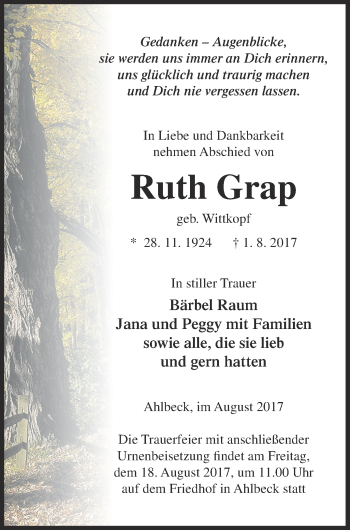 Traueranzeige von Ruth Grap von Haff-Zeitung