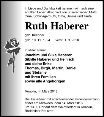 Traueranzeige von Ruth Haberer von Templiner Zeitung