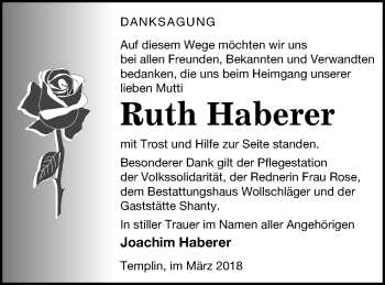 Traueranzeige von Ruth Haberer von Templiner Zeitung