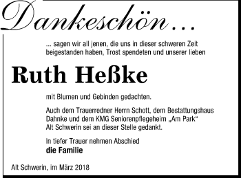 Traueranzeige von Ruth Heßke von Müritz-Zeitung