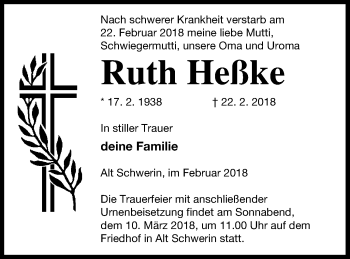 Traueranzeige von Ruth Heßke von Müritz-Zeitung